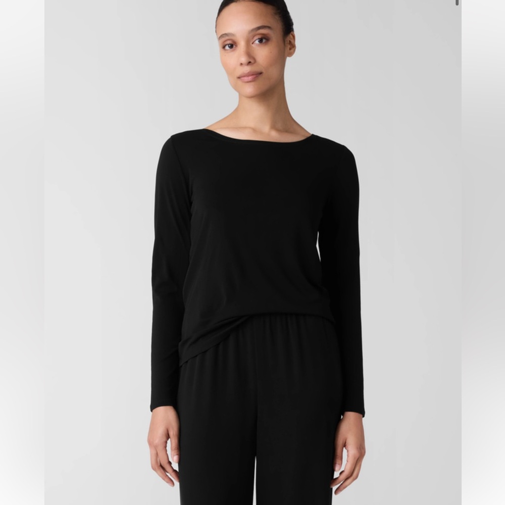 Eileen Fisher Black Long Sleeve Blouse Long Back Bamboo Stretch Womens Medium
